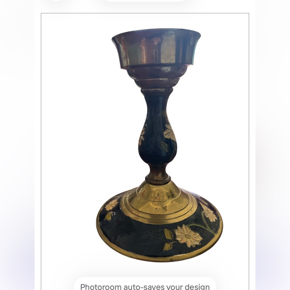 Vintage Brass Candlestick Holder Blue Floral Enamel‎ Single